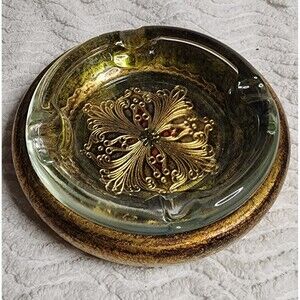 Vintage FLORENTIA Glass Ashtray Insert w/GOLD Gilted Floral Tray ITALY Made EuC